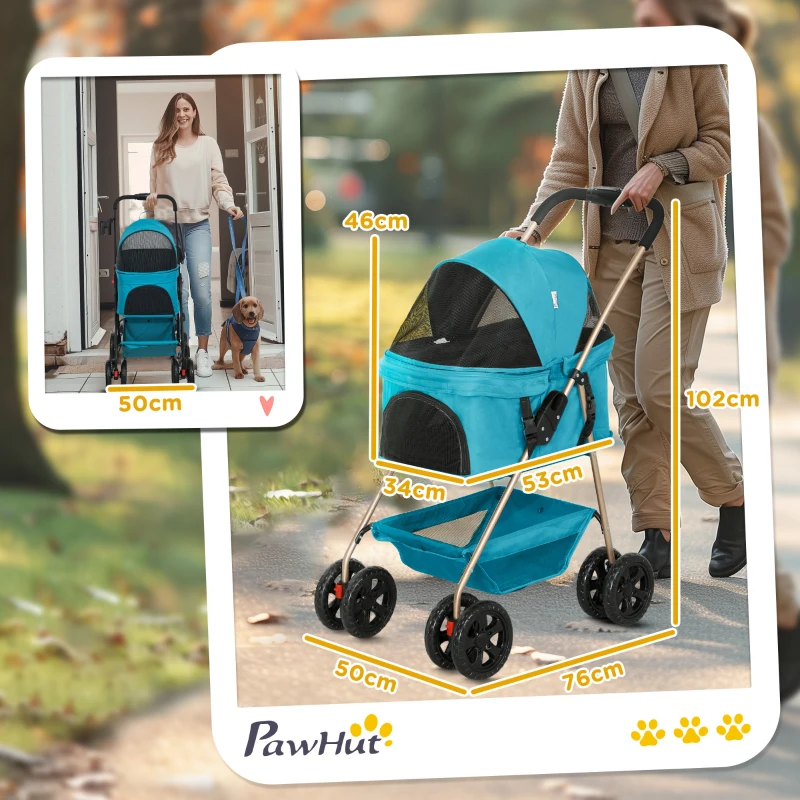 PawHut 3-in-1 Huisdierenbuggy, Opvouwbare Hondenwagen met 4 Wielen en Afneembare Drager voor Honden en Katten Turquoise