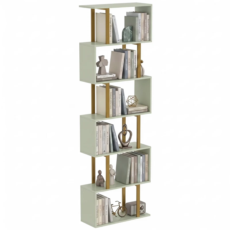 HOMCOM S-Shaped Bookshelf, 6-Tier Bookcase, Freestanding Storage Shelves with Anti-Tip Strap for Living Room, Light Green