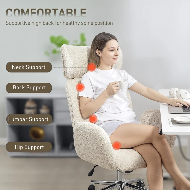 HOMCOM Office Chair with Adjustable Headrest, Spring Pack, Curved Line, Boucle Fabric - Pale Grey
