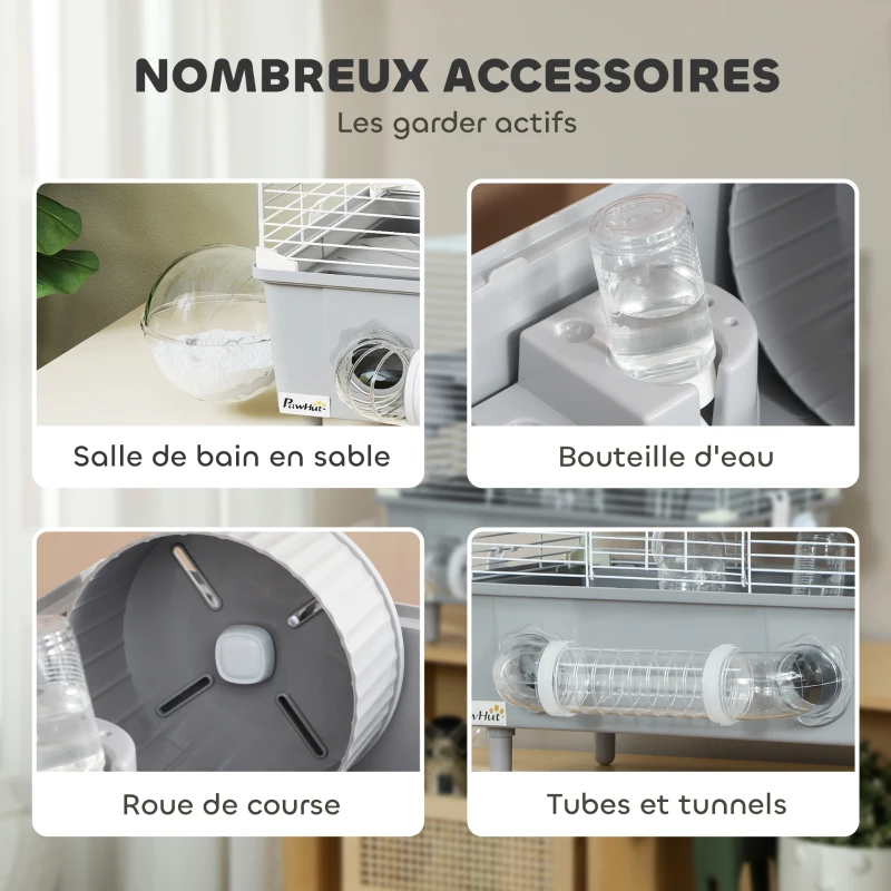 PawHut Cage pour hamster  à 2 niveaux avec roue de course salle de bain en sable pour hamster nain 44,5 x 28 x 44 cm gris