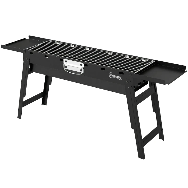 Outsunny Portable BBQ Grill, Foldable Charcoal Grill for Camping and Picnics with 2 Side Shelves and Handle, Black