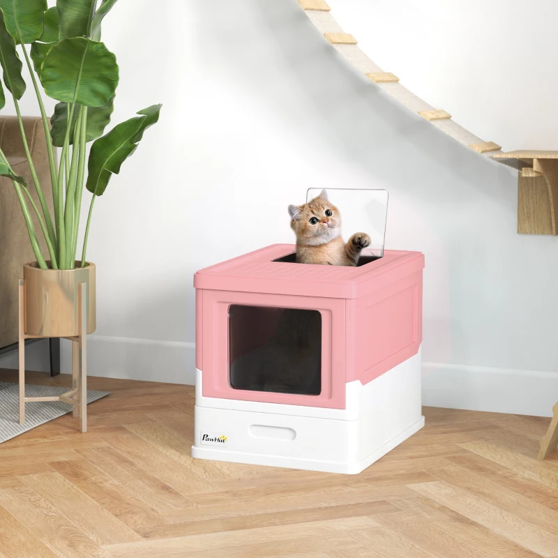 PawHut Caixa de Areia para Gatos Dobrável Caixa de Areia para Gatos Fechada com Bandeja Removível e Pá 47,5x35,5x36,7cm Rosa