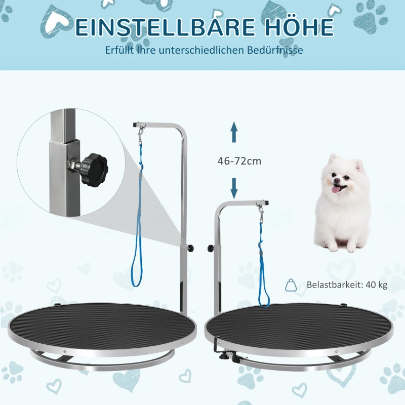 PawHut hondentrimtafel dierenverzorgingstafel draaibare droogtafel met verstelbare arm antislip tafelblad vergrendelingssysteem aluminiumlegering rand roestvrij stalen frame veiligheidslijn Ø65x 10 h