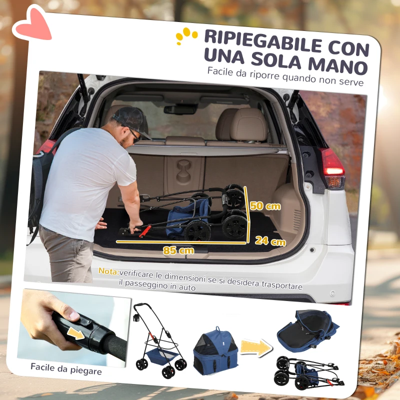 PawHut Passeggino per Cani 3 in 1 Pieghevole con Borsa Trasportino e Cestino Inferiore, Blu