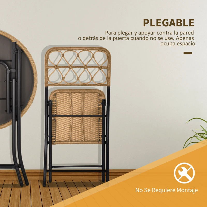 Outsunny Conjunto de Mesa y 2 Sillas Plegables de Ratán con Respaldo para Jardín Terraza Exterior Estructura de Acero Ø60x71 cm y 46x56x83 cm Madera Natural