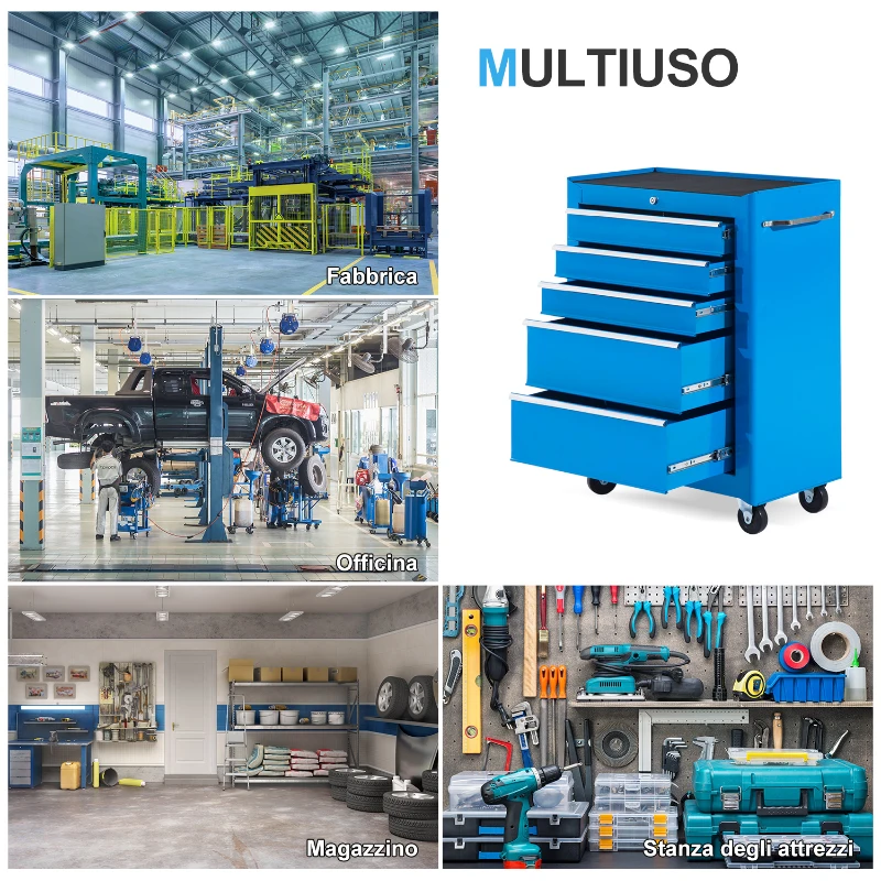 HOMCOM Carrello Porta Attrezzi con 5 Cassetti, Tappetini in EVA, Carrello Officina Portautensili con Serratura e 2 Chiavi, 4 Ruote Girevoli (2 con Freno), Maniglia, in Acciaio per Garage, Blu