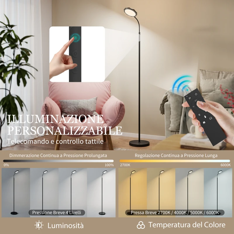 HOMCOM Lampada da Terra LED con Telecomando, Testa Girevole, Regolazione Luminosità e Temperatura, Nero
