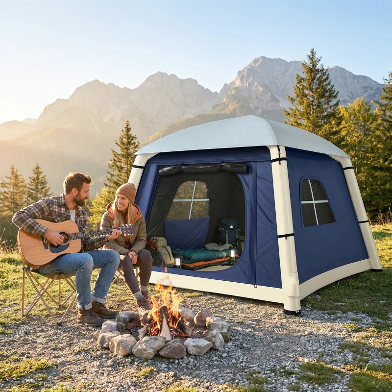 Outsunny Inflatable Camping Tent with Hand Pump, Easy Setup 1/2 Person Blackout Blow Up Tent, Dark Blue