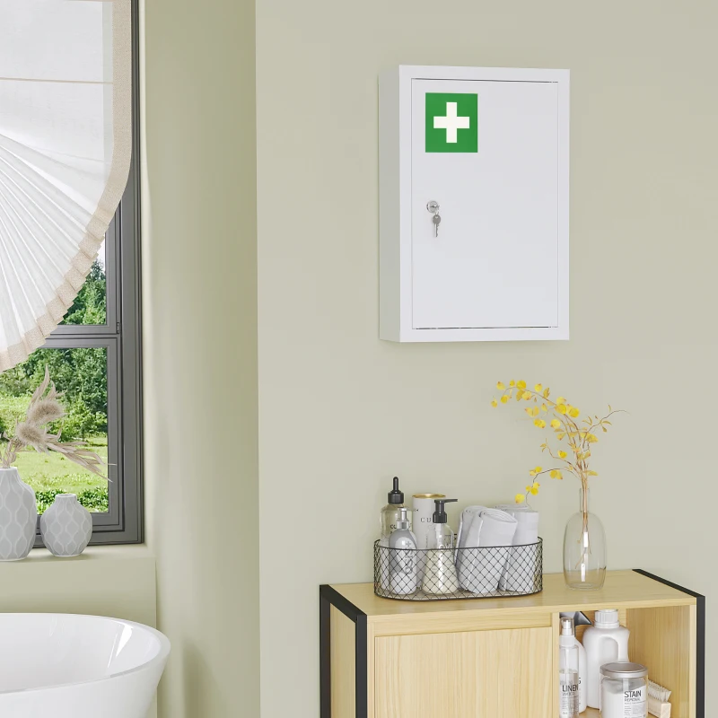 kleankin Armadietto Medicinali a 3 Ripiani con Serratura e 2 Chiavi, in Acciaio, 30x14x46 cm, Bianco