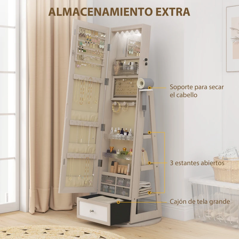 HOMCOM Espejo Joyero con Luces LED Armario Joyero con Espejo Entero Giratorio de 360° Cajón Cerradura Natural