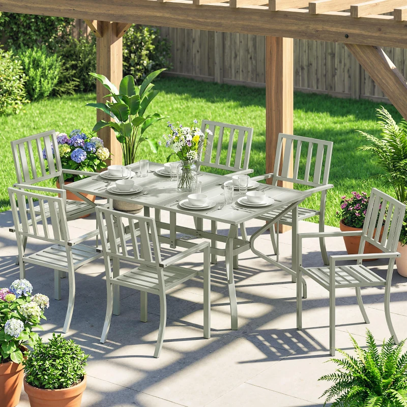 Outsunny 7 Pieces Garden Table and Chairs, 6 Seater Outdoor Table and Chairs with Umbrella Hole, for Garden, Light Grey