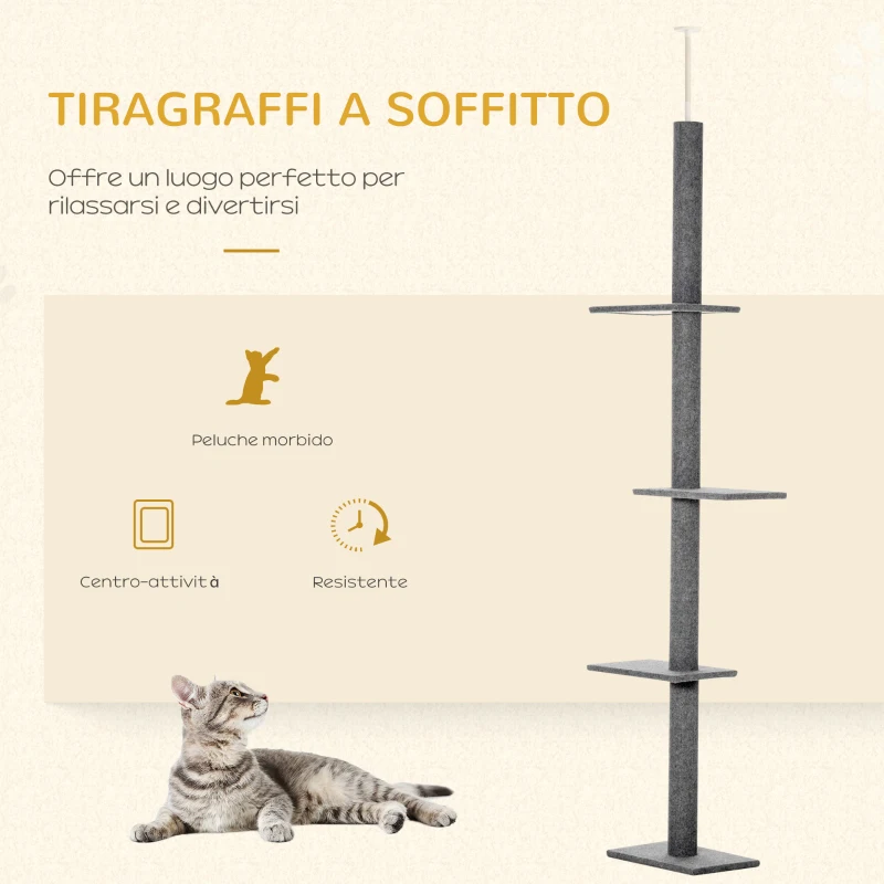 PawHut Albero Tiragraffi per Gatti a 4 Livelli con Altezza Regolabile, Grigio, 43x27x228-260cm