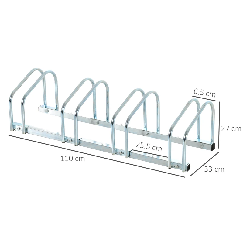 HOMCOM Fietsenstandaard voor 4 Fietsen, Vloer- & Wandmontage, 110x33x27cm, Zilver