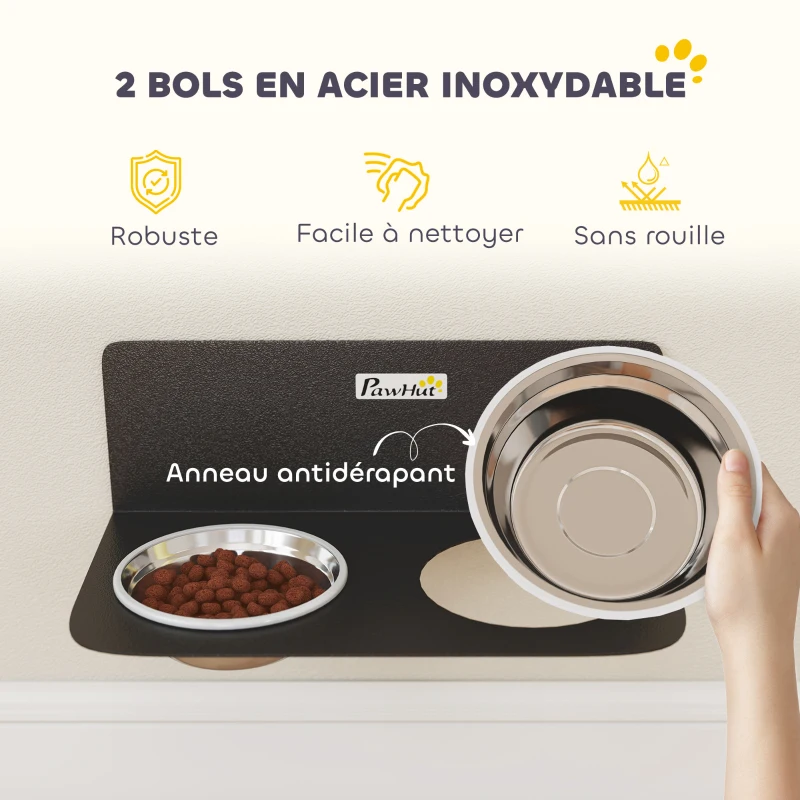 PawHut Gamelle Bol pour Chien Double Gamelle Support Mural 2 Bols Acier Inox 800ml Hauteur Réglable 42x23,5x14cm Noir