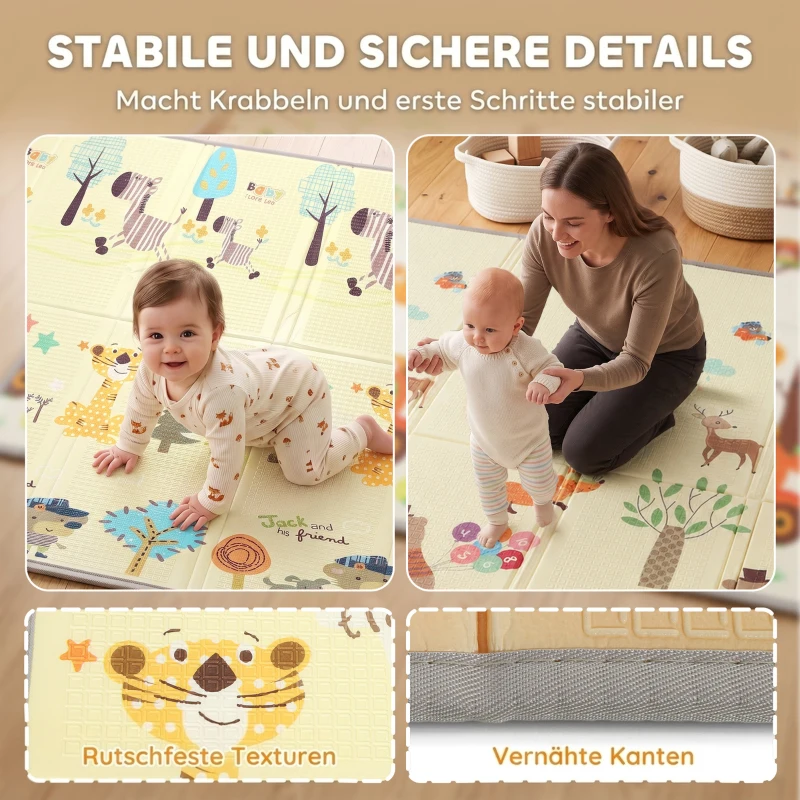 AIYAPLAY Krabbelmatte Faltbar Beidseitig Spielmatte Baby mit Waldtieren- & Naturmotiv 200 x 180 cm für Kinder 0-3 Jahre