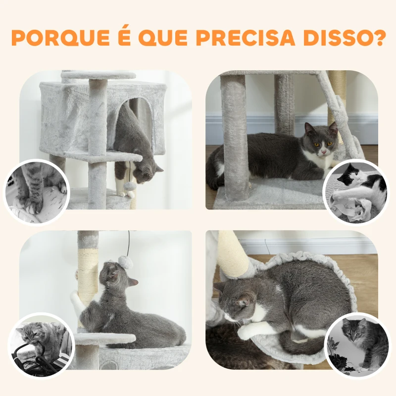 PawHut Arranhador para Gatos com Múltiplas Plataformas Cama 2 Cavernas Rede Escada Postes de Sisal 56x56x180 cm Cinza