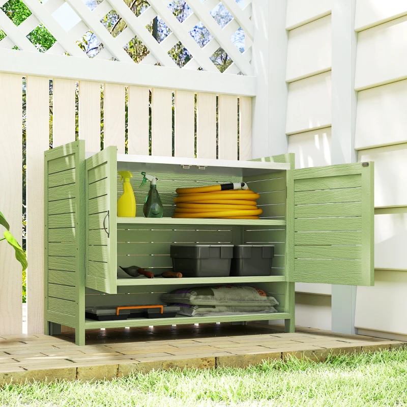 Outsunny Pflanztisch mit Unterschrank aus Holz Outdoor Gartenschrank mit verzinkter Arbeitsplatte 3 Regalböden 88x40x70,5cm Grün