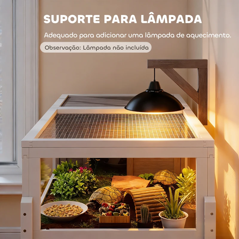 PawHut Casa para Tartarugas em Madeira Terrário para Répteis com 2 Tetos Articulados Bandeja Removível Suporte para Lâmpada 104x53x82 cm Branco e Cinza