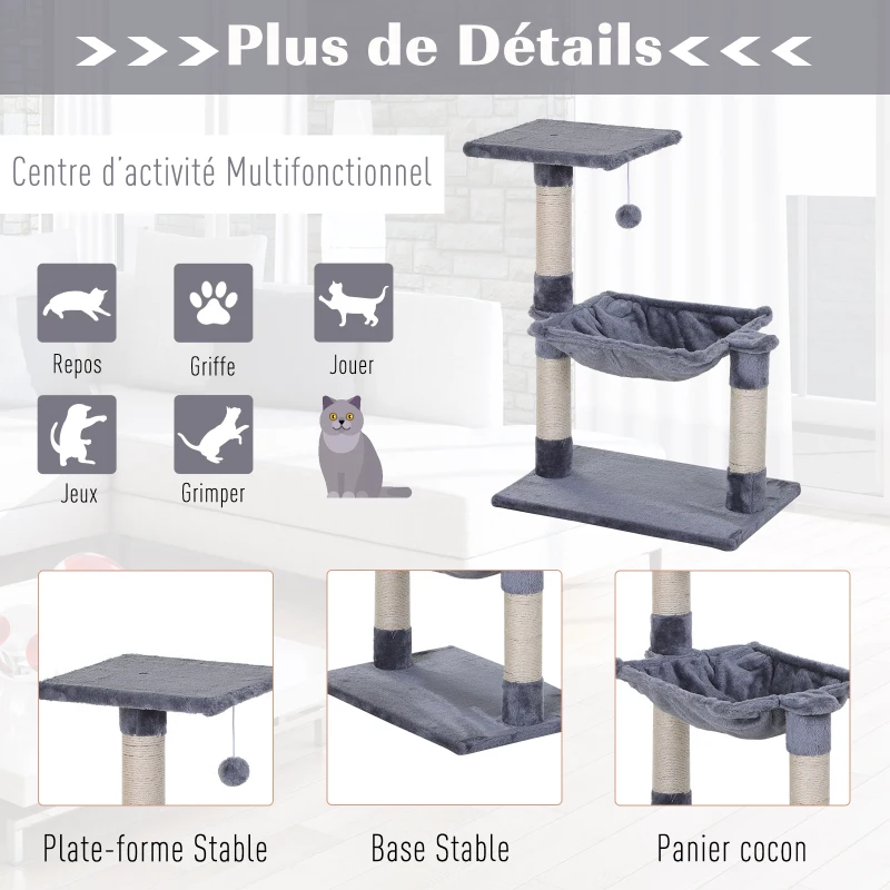 PawHut Arbre à chat 3 griffoirs grattoirs sisal naturel plateforme hamac et boule suspendue dim. 50L x 36l x 70H cm peluche courte gris