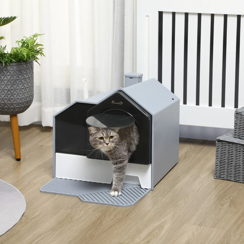 PawHut Caixa de Areia Fechada para Gatos com Bandeja Amovível Pá e Filtro Desodorizante 47x45x42 cm Cinza