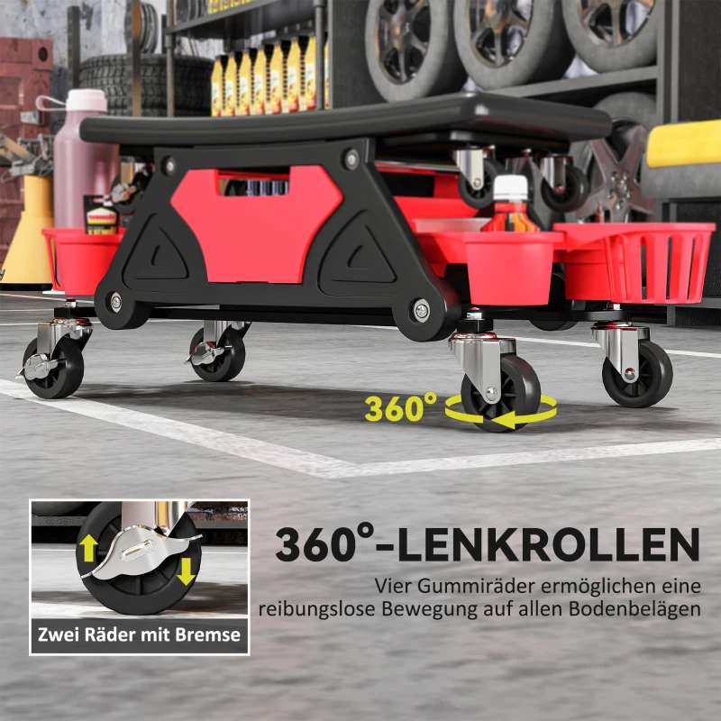 HOMCOM Werkplaatskruk met Afneembare Zitting en Wielen, Opbergruimte, 33cm Hoog, Tot 135 kg, Rood