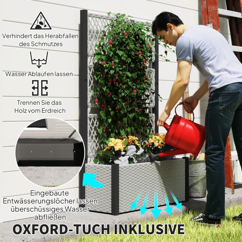 Outsunny Hochbeet mit Rankgitter in Rattan-Optik Pflanzkasten Blumenkasten mit Rankhilfe 90 x 35 x 148cm Grau