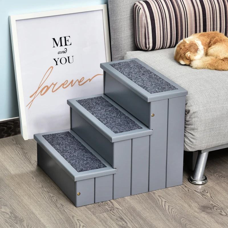 PawHut Scaletta per Cani a 3 Gradini con Tappeto Antiscivolo e Spazio Interno, 40.5x44.5x38cm, Grigio