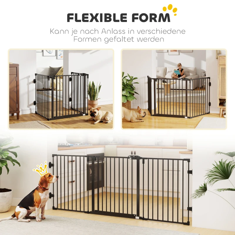 PawHut Absperrgitter Hund Freistehendes Verstellbares Schutzgitter 202,5 x 76 cm Hundegitter Klappbar Türschutzgitter Hundeabsperrgitter für Treppen, Türen, Küche, Flur, 3 Paneelen, Schwarz