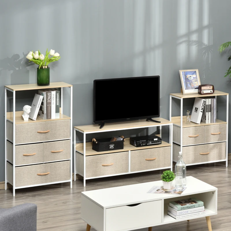 HOMCOM Mobile Porta TV da 47" con Cassetti Pieghevoli in Tessuto e Mensola in Metallo e MDF, 98x29x56cm, Colore Legno