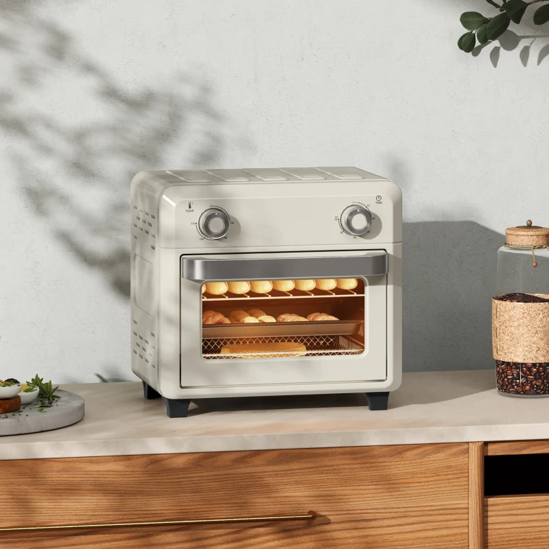 HOMCOM mini-oven met hetelucht, 10 liter airfryer, compacte oven met 60-minuten timer en binnenverlichting, 80-230℃, 3 insteekniveaus, vaatwasserbestendig accessoire, 1000W, crème wit(m-2)