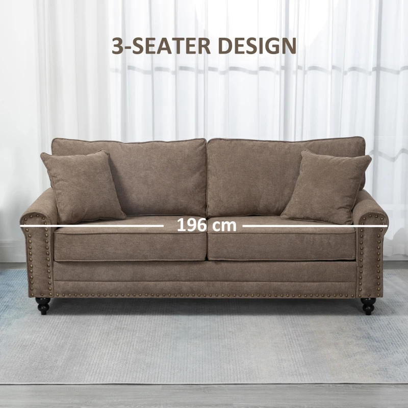 HOMCOM 196cm 3 Seater Sofa, Fabric Sofa with Rubber Wood Legs, Nailhead Trim, 2 Pillows, Small Upholstered Couch Settee for Living Room, Guest Room, Brown