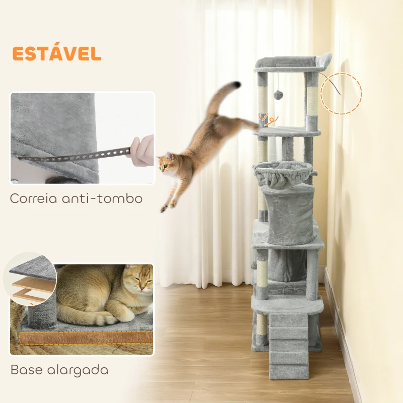 PawHut Arranhador para Gatos Grande com 7 Postes 1 Túnel 3 Plataformas 2 Cavernas 1 Rede 1 Poleiro 1 Rampa Pompons 60x40x170 cm Cinzento