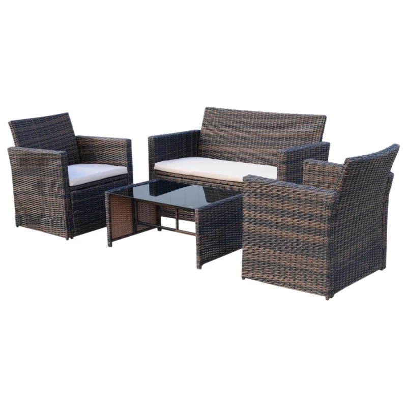 Outsunny 4 Pieces PE Rattan Garden Sofa Set with Cushions, Outdoor Patio Wicker Weave Conservatory Furniture Set with a Loveseat, 2 Armchairs and a Glass Top Coffee Table, Mixed Brown