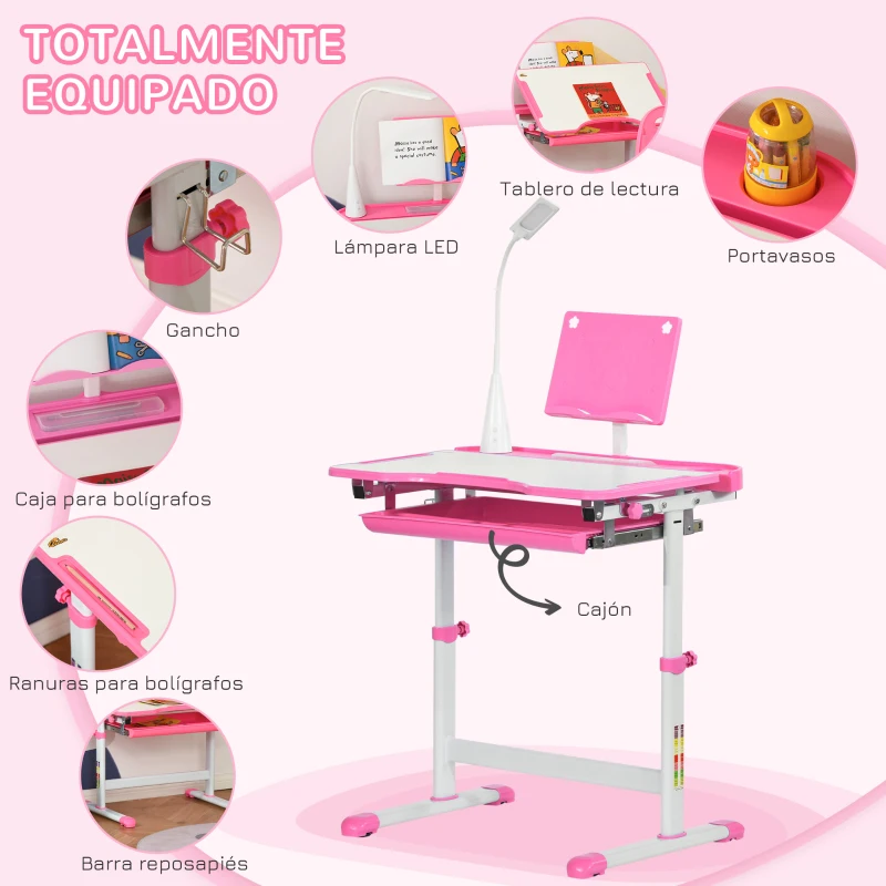 HOMCOM Juego de Escritorio y Silla para Niños de +6 Años Ajustable con Mesa Inclinable Lámpara Cajón y Estante para Libros Rosa