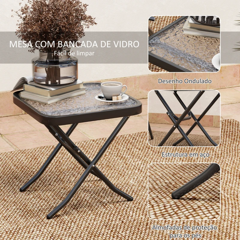 Outsunny Conjunto de Mesa e Cadeiras de 3 Peças Móveis de Jardim Dobráveis com Encosto Ajustável e Bancada de Vidro Preto
