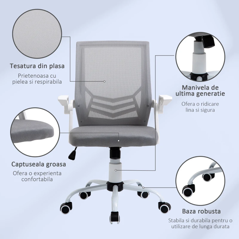 HOMCOM Home Office Furniture Set, Modern Computer Desk with Storage Shelf and Ergonomic Mesh Chair with Flip-Up Arms, Lumbar Support, Adjustable Height, Swivel Wheels, White and Grey