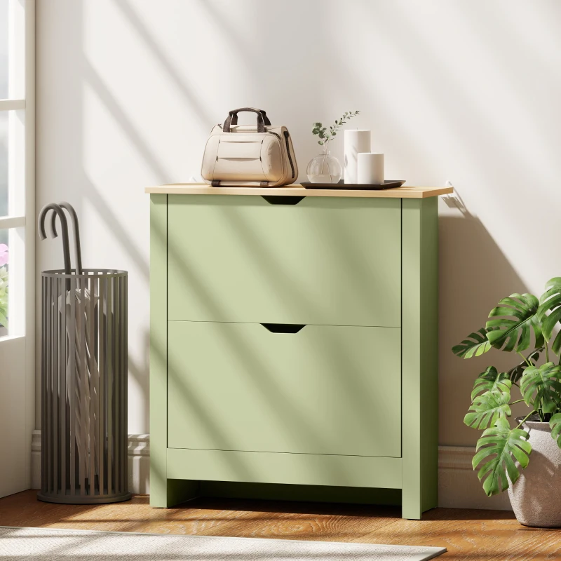 HOMCOM Slim Shoe Cabinet, Narrow Shoe Cupboard with 2 Flip Drawers, Adjustable Shelves for 12 Pairs of Shoes, Green