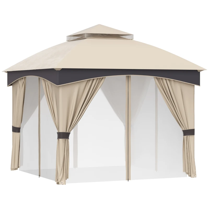 Outsunny Gazebo da Giardino 3x3m in Acciaio con Doppio Tettuccio e Tende, Beige e Grigio