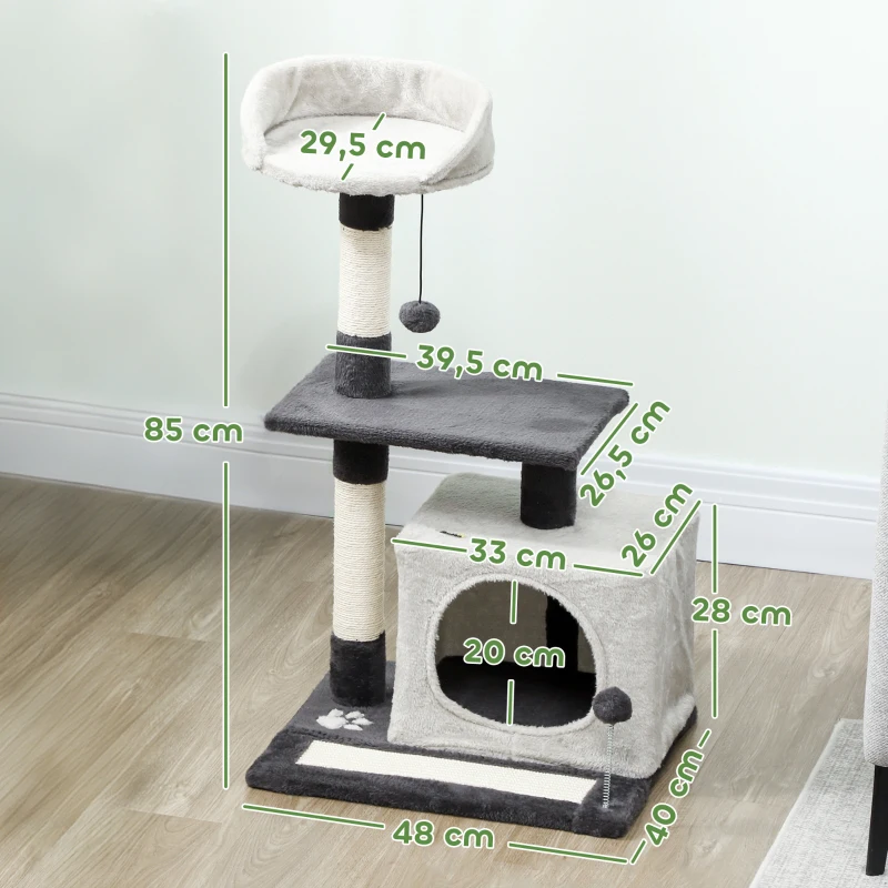 PawHut Arranhador para Gatos com Plataformas Caverna Postes Arranhadores Tapete de Sisal e Bolas 48x40x85 cm Cinzento Claro e Preto