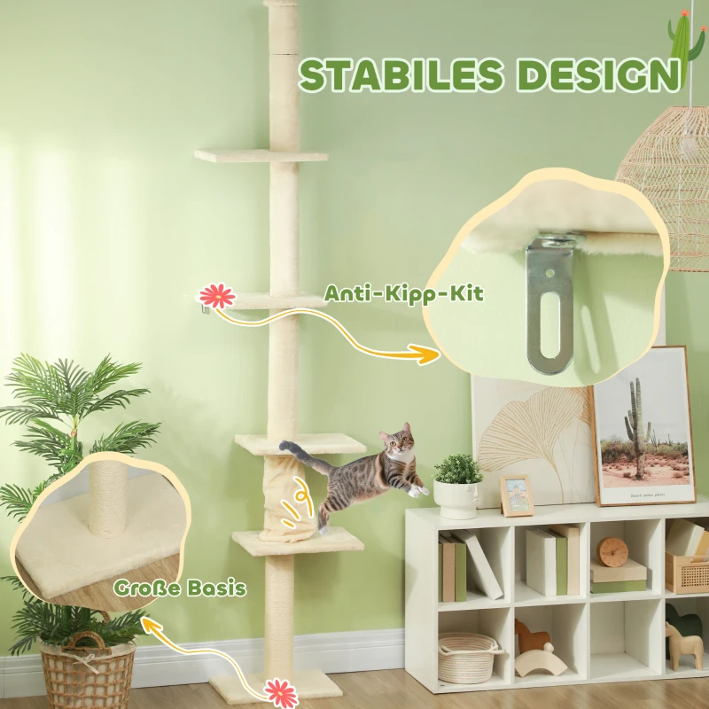 PawHut Krabpaal Plafondhoog, Verstelbaar 225-275 cm Kattenboom, Kattenkrabpaal met Krabpalen, 5 Platforms, Kattentoren voor middelgrote katten, Crèmewit
