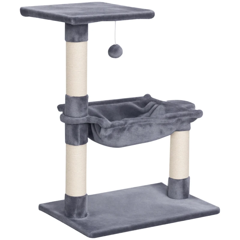 PawHut Kattenboom 3 verdiepingen krabpaal kattenbed met hangmat sisal paal pluche grijs(m-15)
