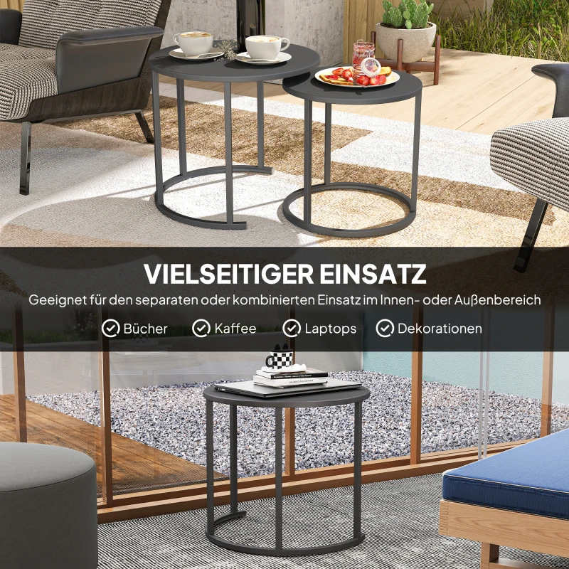Outsunny 2-delige Stapelbare Bijzettafelset Ronde Buitentafel Waterbestendig Balkontafel van Staal Ruimtebesparend Donkergrijs