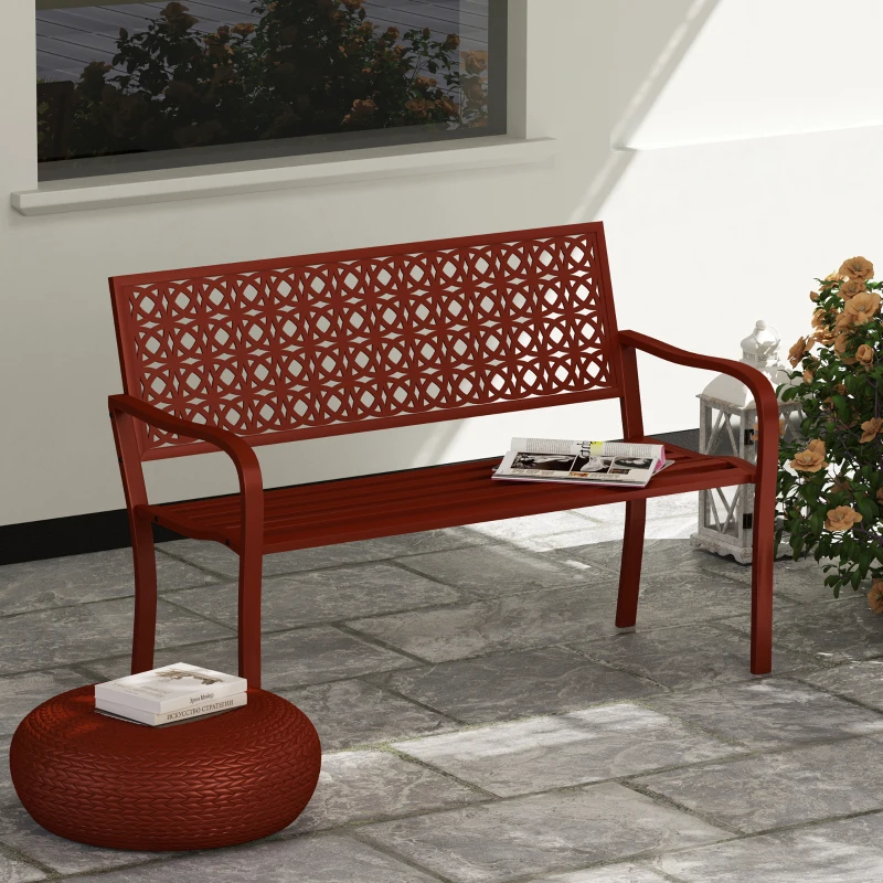 Outsunny Buitenbank, Tuinbank van Staal, Uitgesneden Rugleuning, Armleuningen, Voor 2 Personen, Rood