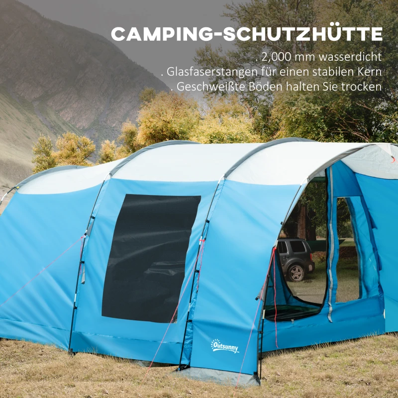 Outsunny Campingtent voor 5 personen, 2 kamers, verwijderbaar tussenschot, weerbestendig, incl. transporttas, blauw+zwart