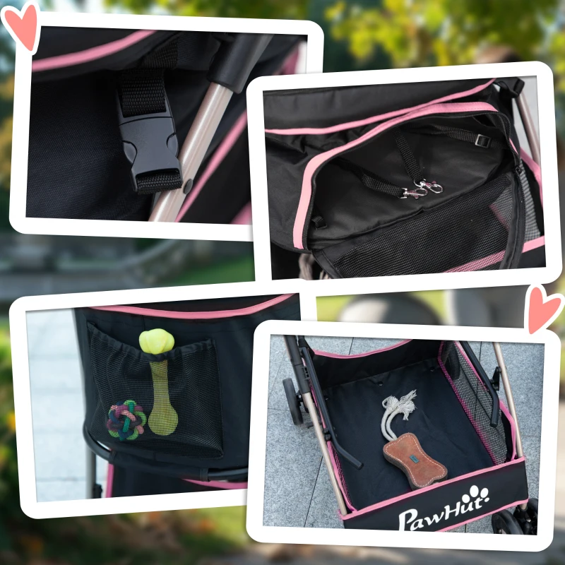 PawHut Passeggino per Cani 2 in 1 Pieghevole e Convertibile in Trasportino con 2 Guinzagli e Cuscino, Rosa