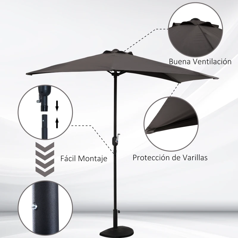 Outsunny Sombrilla 269x138x236 cm Parasol de Jardín con Manivela y Forma Semicircular Tela Poliéster 180 g/m² para Exterior Terraza Patio Piscina Gris
