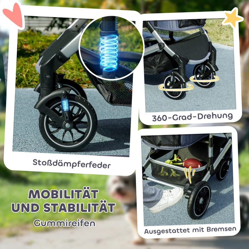 PawHut 3 in 1 Opvouwbare Hondenbuggy voor Katten tot 10 kg, met Kussen en Bekerhouder, Donkerblauw