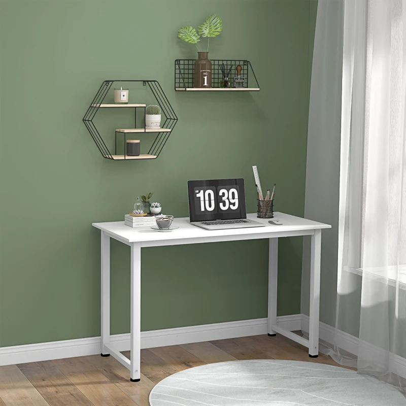 HOMCOM Secretária Moderna Mesa de Estudo com Estrutura de Aço e Pés Ajustáveis Mesa de Computador 120x60x76 cm Branco