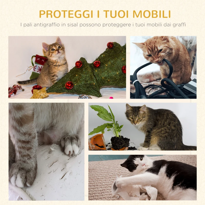 PawHut Albero Tiragraffi per Gatti Adulti su più Livelli, Castello per Gatti con Cuccia, Posatoio e 2 Ripiani, Bianco e Grigio, 48x35x100cm