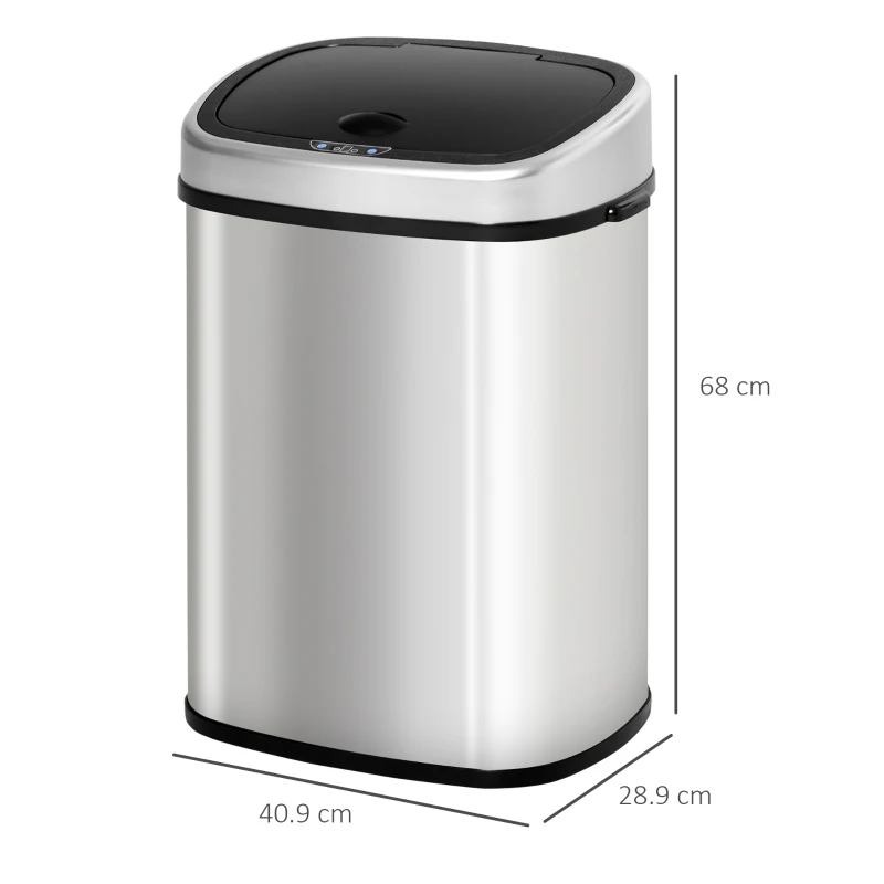 HOMCOM Pattumiera Cestino Bidone con Coperchio a Sensore ad Infrarossi per Cucina Bagno Capacità 58L in Acciaio ABS 40.9 × 28.9 × 68cm